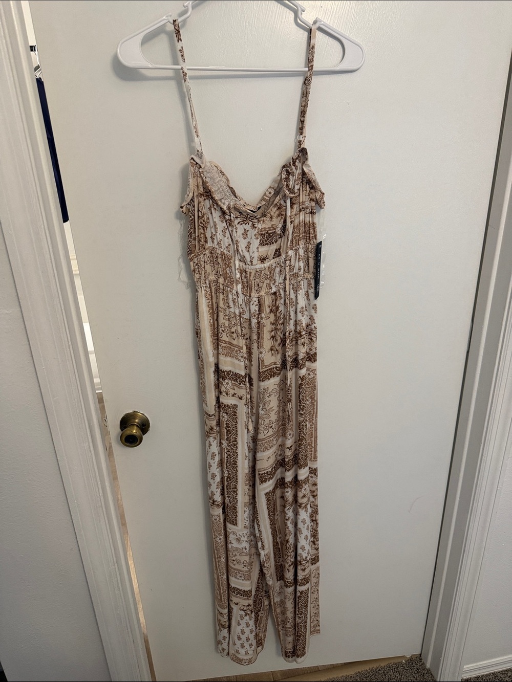 As U Wish Cream and Brown Printed Spaghetti-Strap Jumpsuit